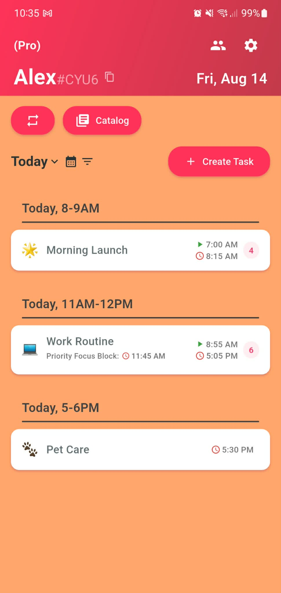Orchia's home screen showing the week's scheduled tasks