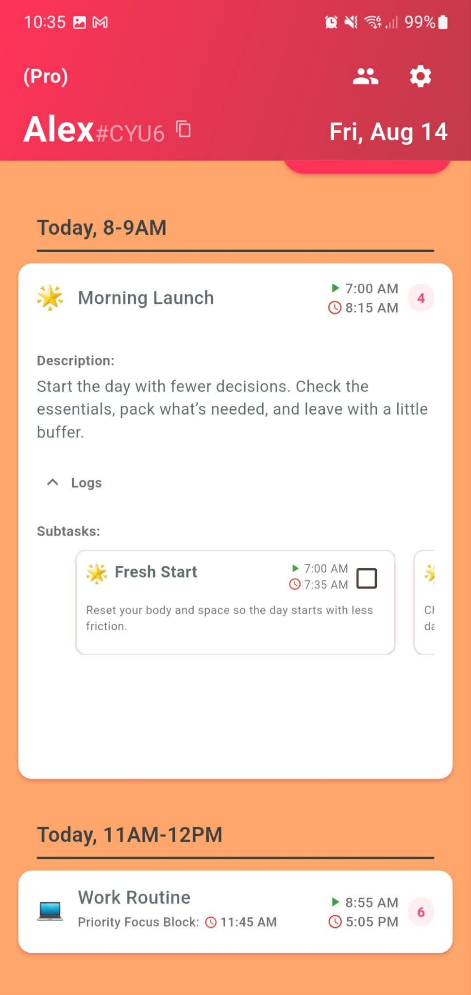A task expanded on the home screen to show its subtasks