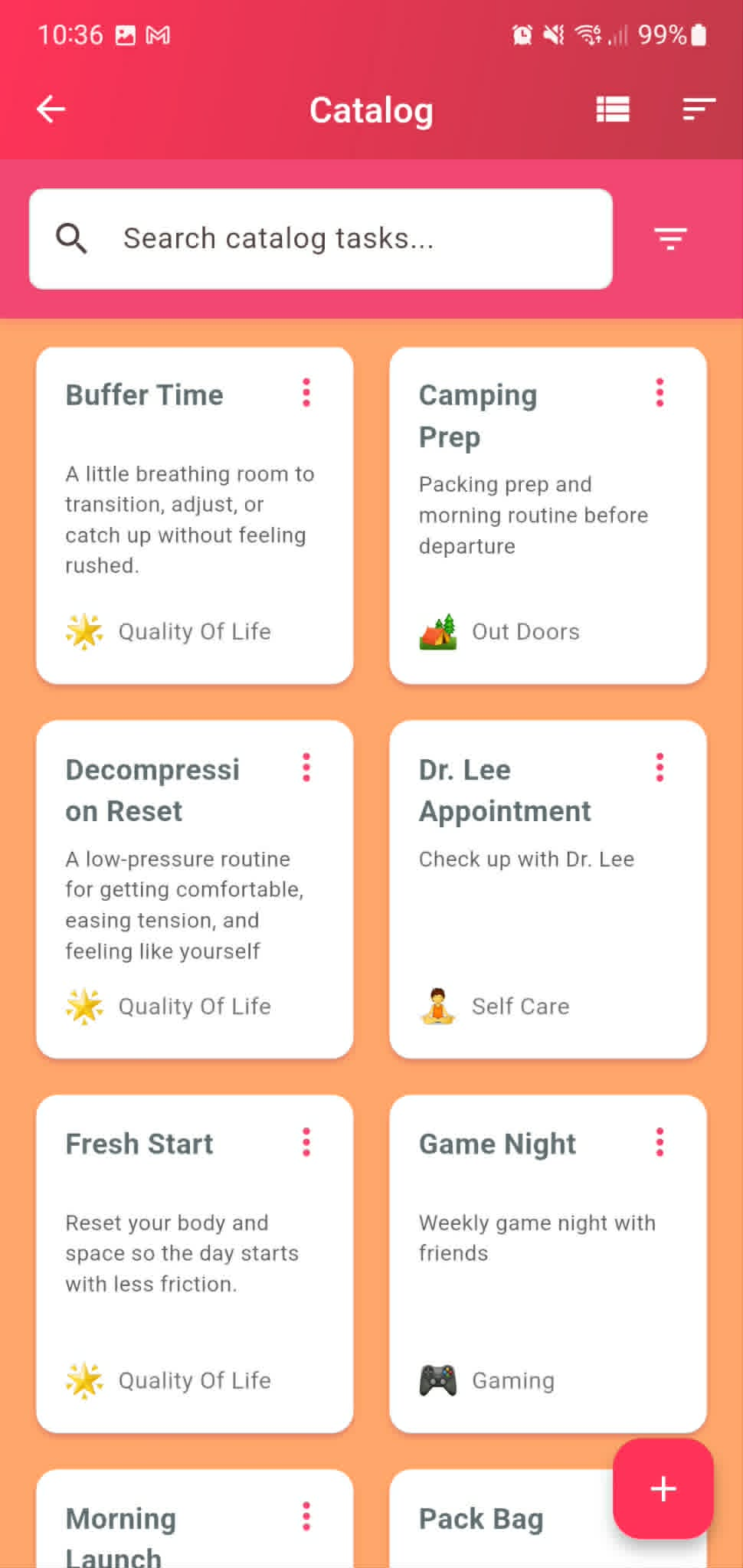 The task catalog, a library of saved tasks ready to schedule